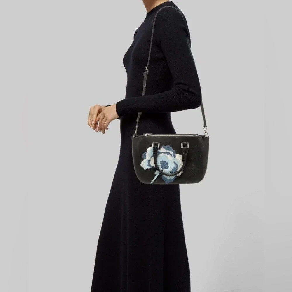 Tory Burch Robinson Floral Tote Shoulder Crossbody Handbag‎ Black Blue Leather